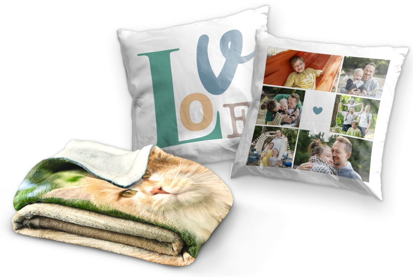 Deux coussins décoratifs et une couverture douillette à motif animal.