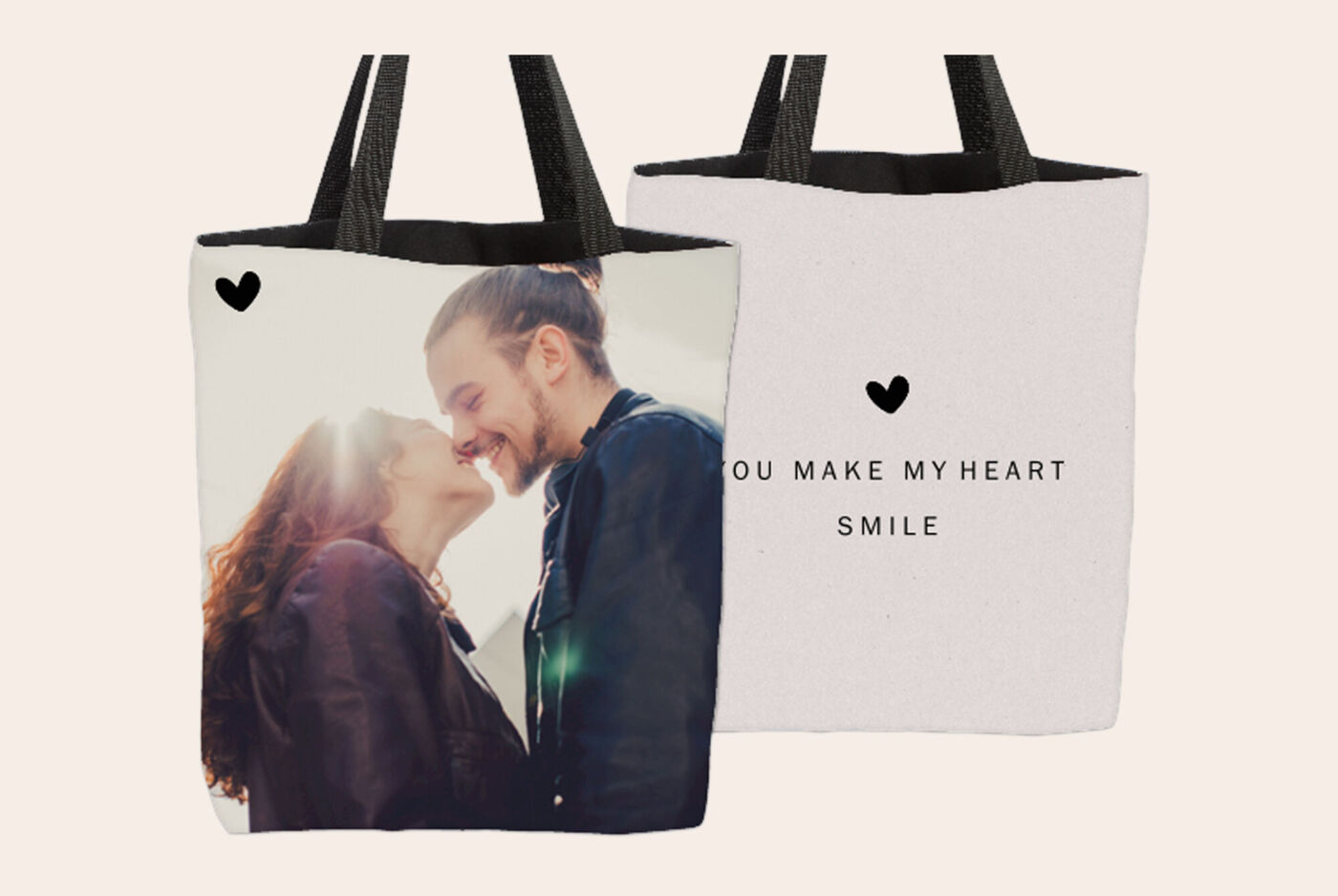 Tote bag photo avec portrait de couple et texte You make my heart smile