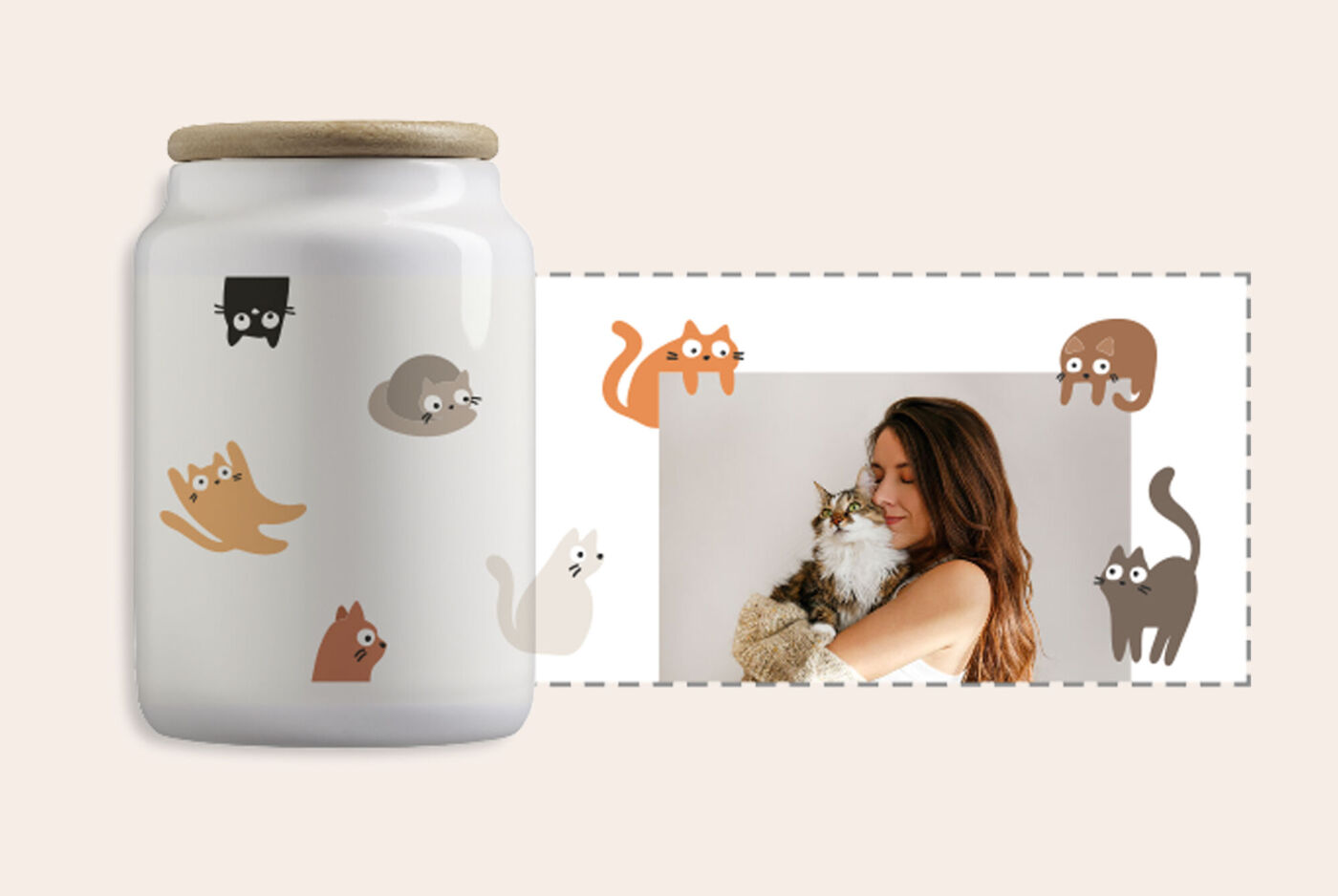 Boîte à friandises pour chats avec portraits de chat et design blanc minimaliste