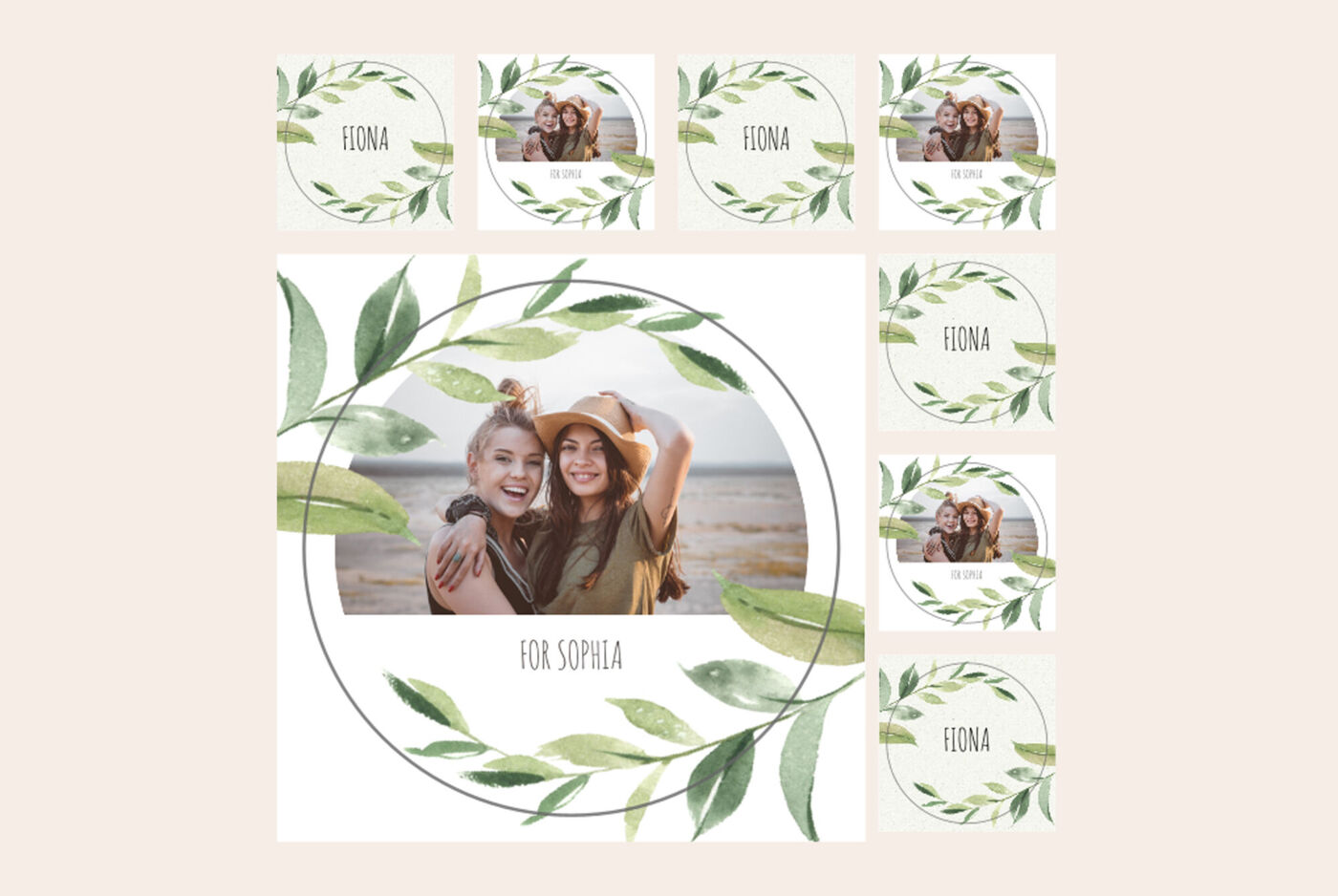 Autocollants photo ronds avec portraits de couple et décor végétal vert