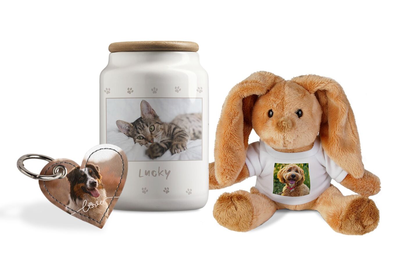 Cadeaux photo personnalisés : Boîte à biscuits, porte-clés cœur et lapin en peluche